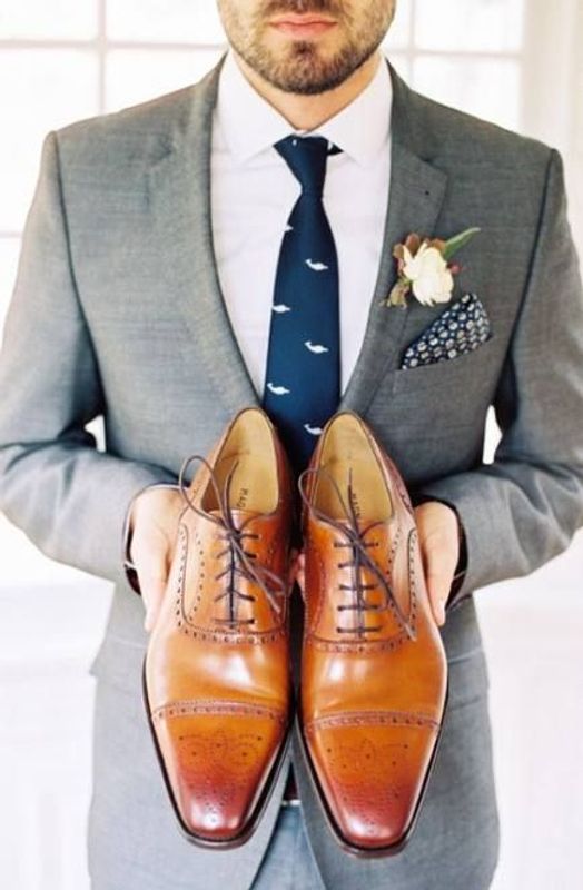 Grey suit and brown shoes