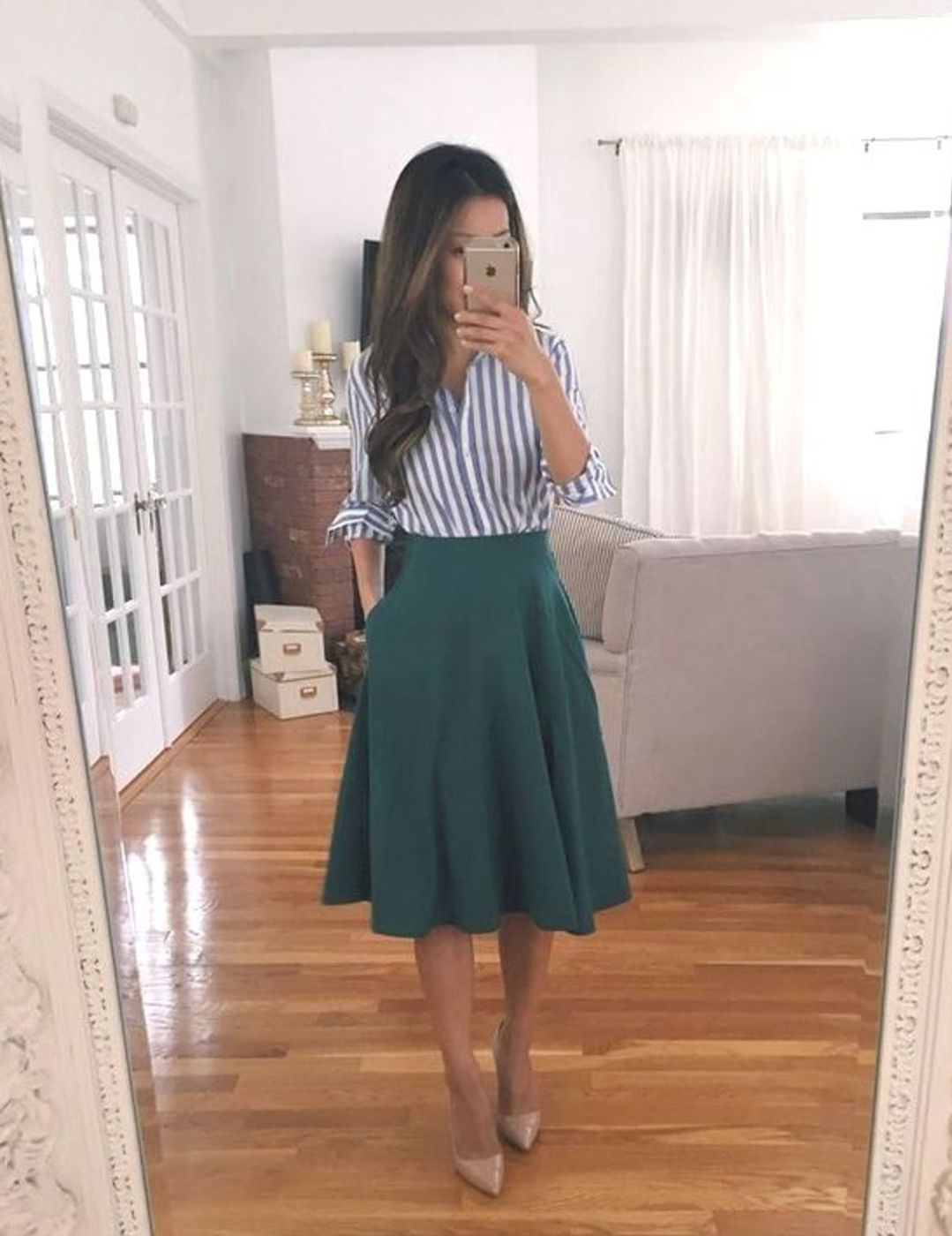 Flared skirt and striped shirt teacher outfit