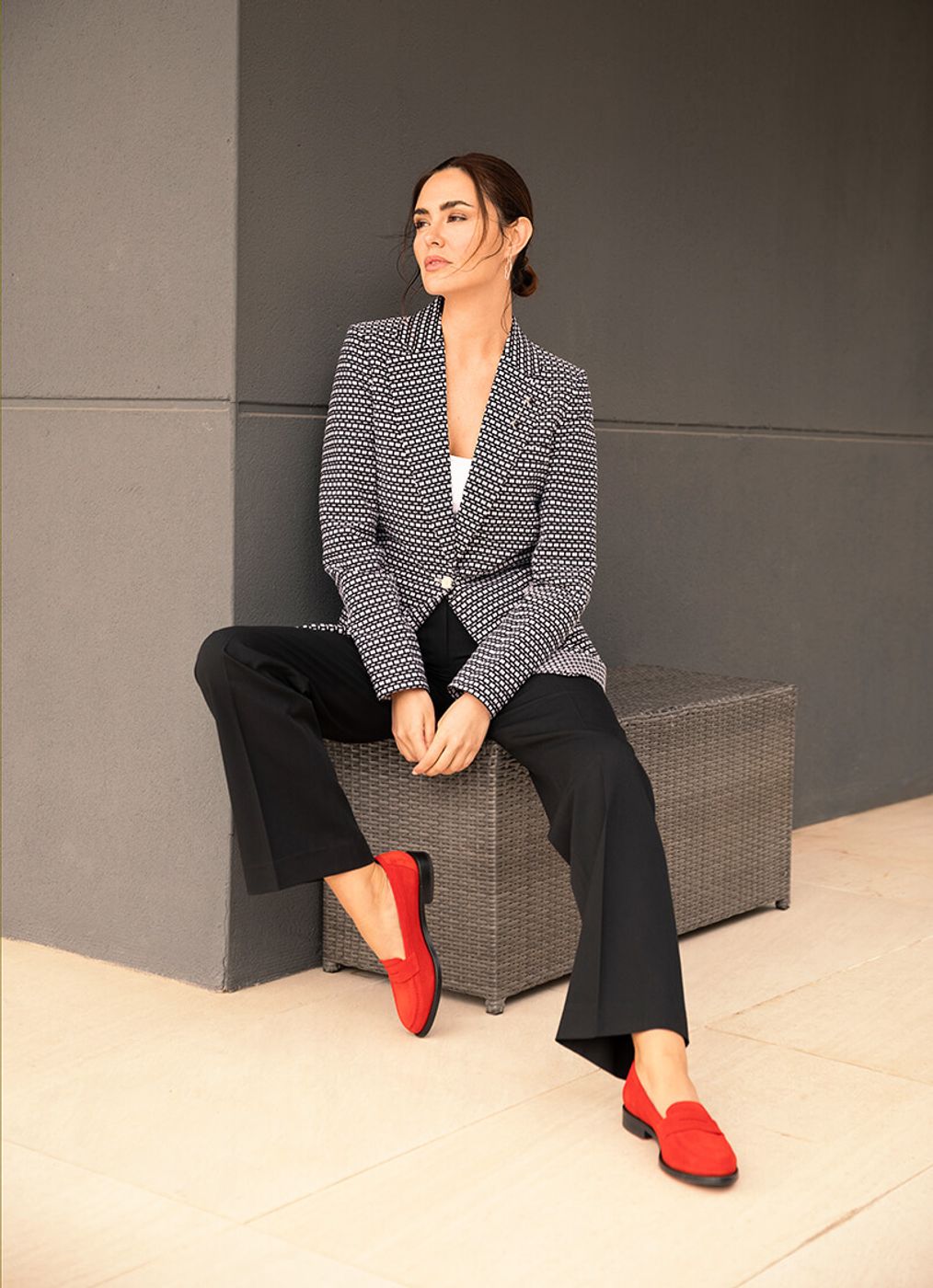 Women's blazer and loafers outfit