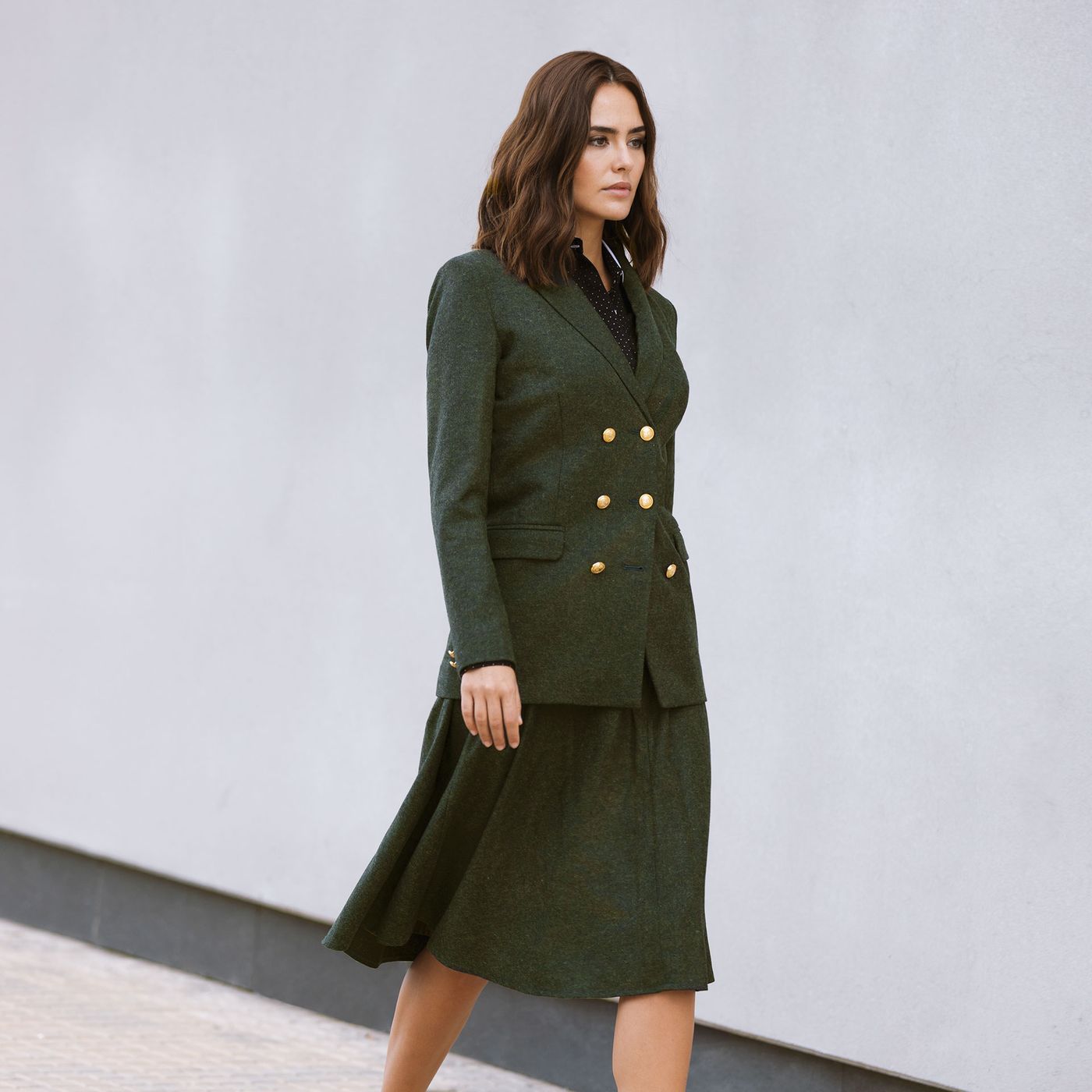Green Skirt Suit with golden buttons